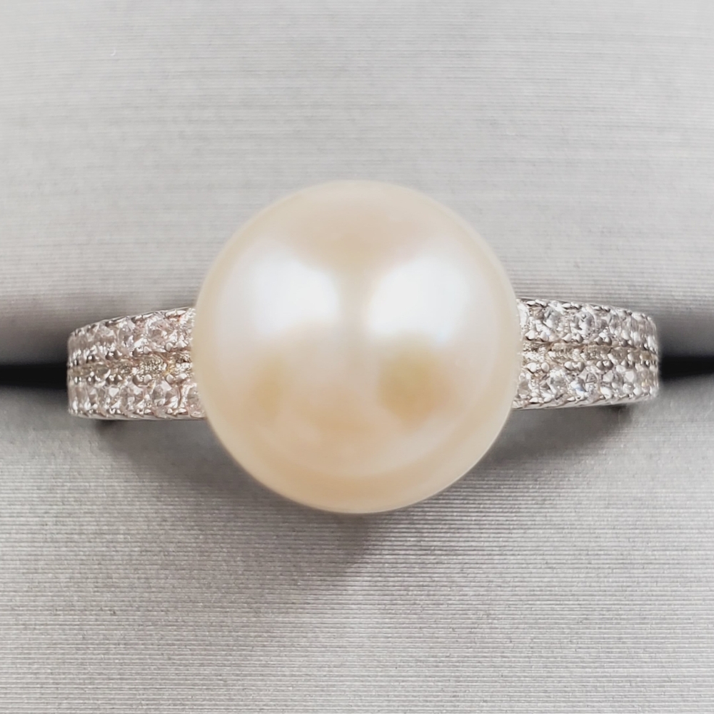 Akoya Cream Pearl & Simulated Pave Diamond Platinum | 925 Sterling Silver Ring